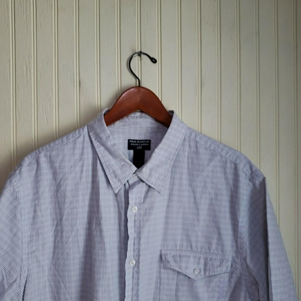 Polo Jeans Co Ralph‎ Lauren Shirt Mens 2XL White Blue Check Short Sleeve Cotton